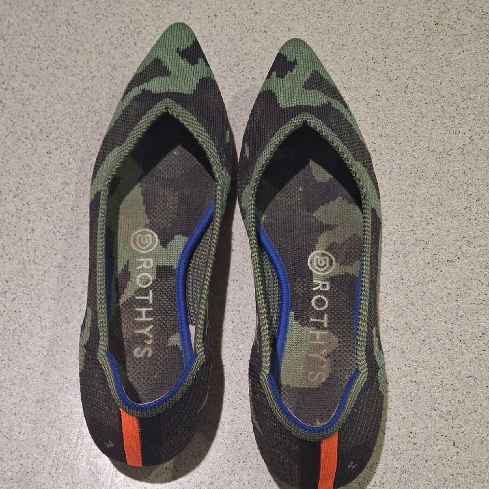 Rothy's Green Camouflage Flats with Orange Accent